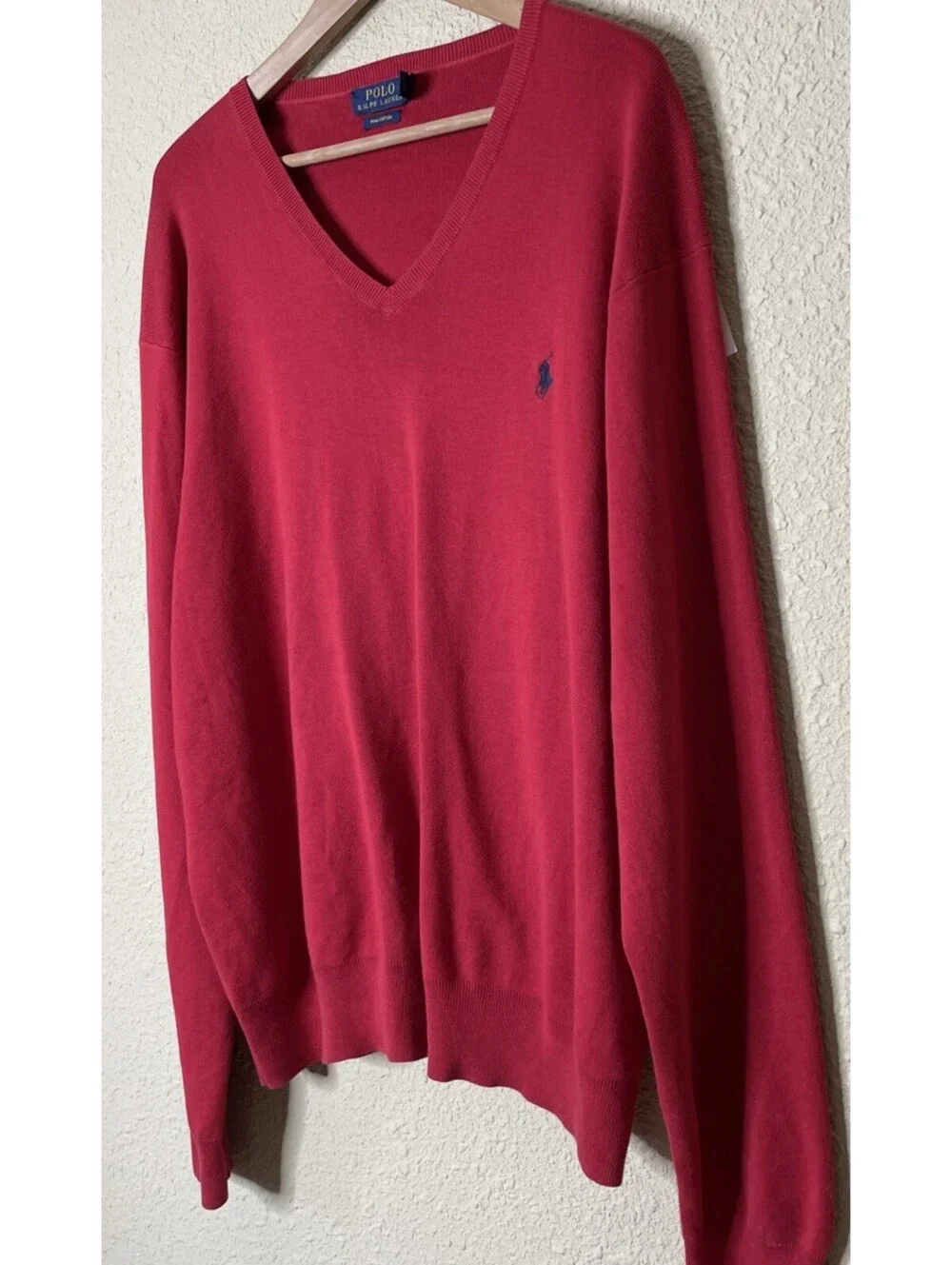 Polo Ralph Lauren Red Pima Cotton V-Neck Pullover Sweater Men's XXL Pony